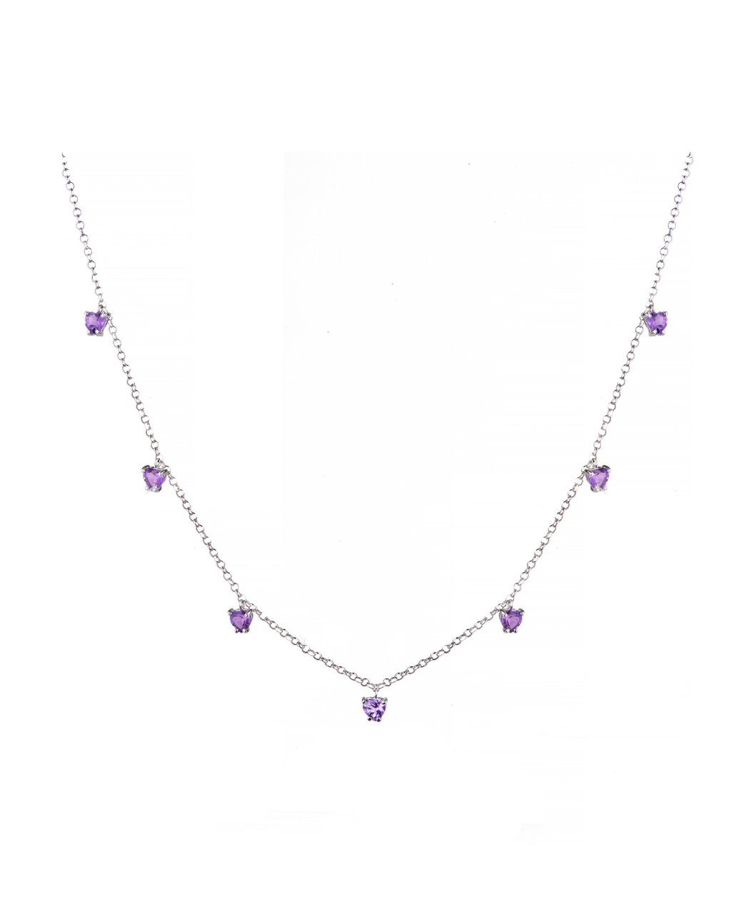 Choker 7 Corações Ametistas 4mm em Ouro Branco 18K
