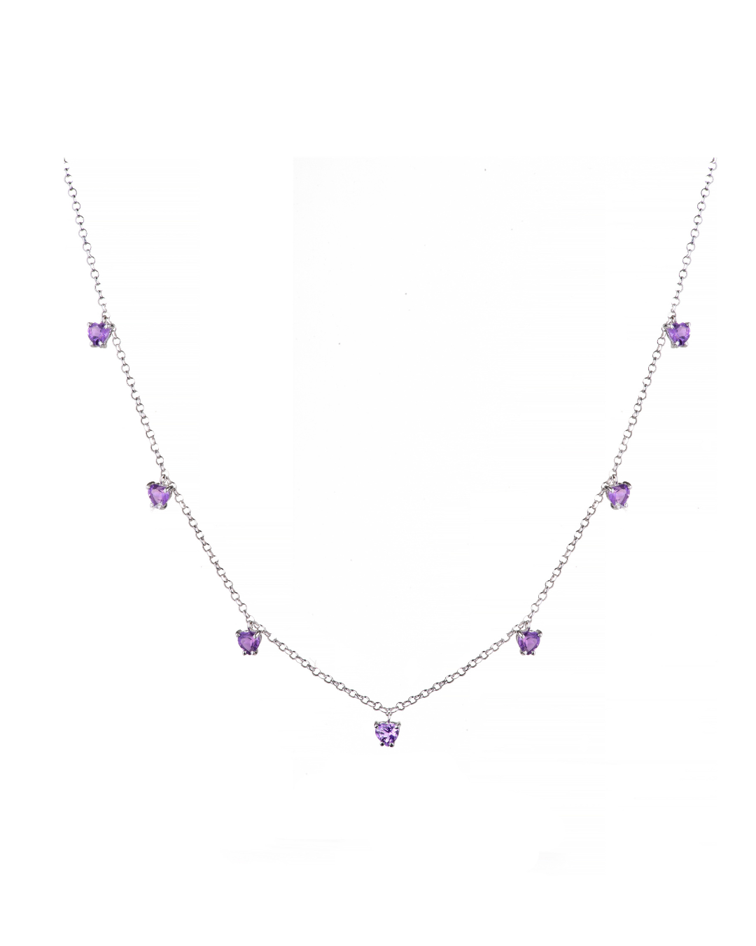Choker 7 Corações Ametistas 4mm em Ouro Branco 18K