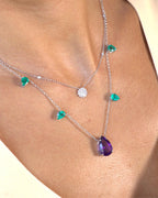 Colar Ametista e Esmeraldas Gotas em Ouro Branco 18K