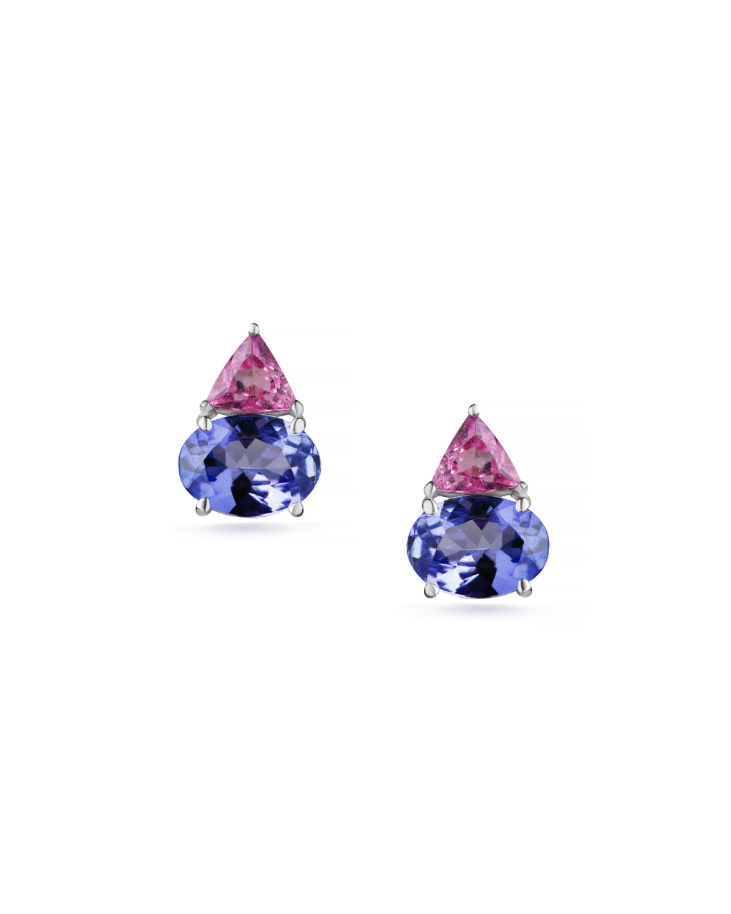 BIA oval tanzanite and pink tourmaline earrings in 18k white gold