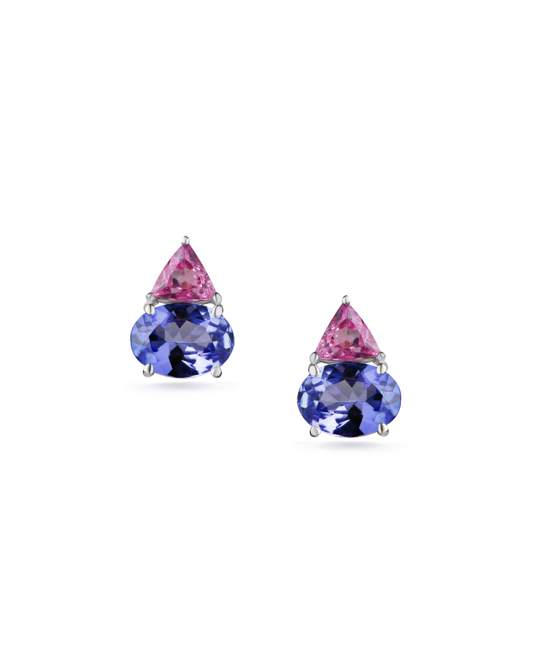 BIA oval tanzanite and pink tourmaline earrings in 18k white gold
