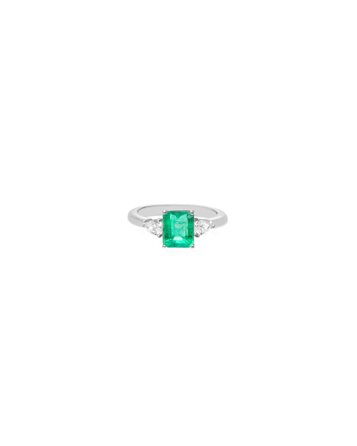 Anel Esmeralda Retangular de Diamantes em Ouro Branco 18K