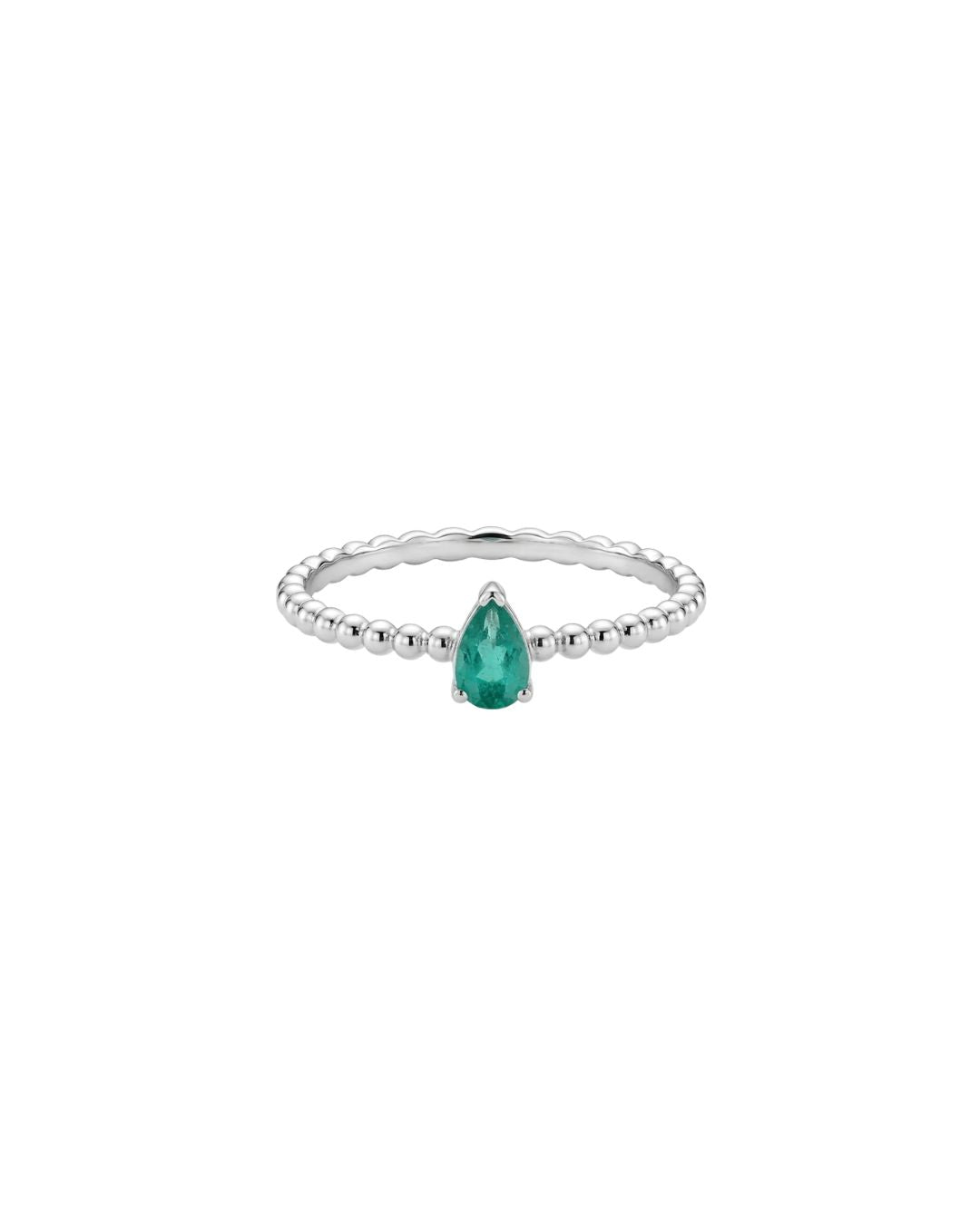 Anel Bolinhas Gota Esmeralda em Ouro Branco 18K