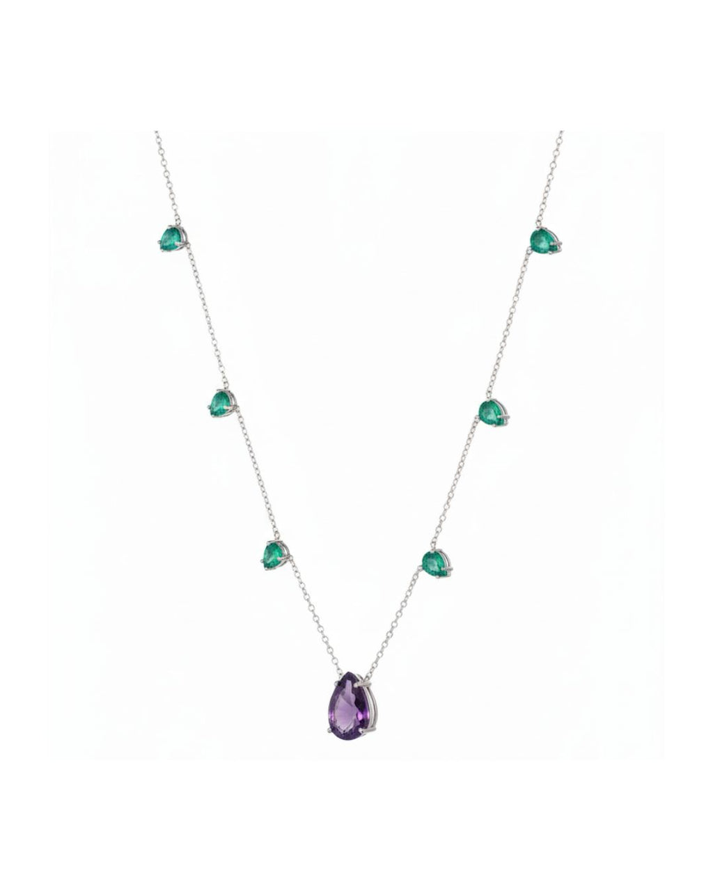 Colar Ametista e Esmeraldas Gotas em Ouro Branco 18K