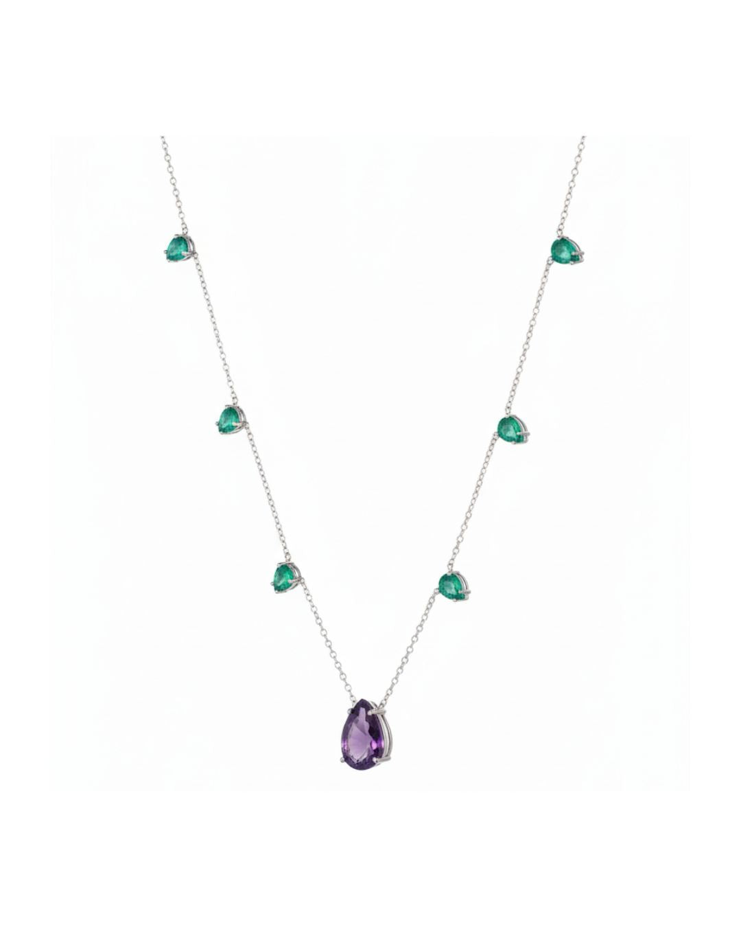 Colar Ametista e Esmeraldas Gotas em Ouro Branco 18K